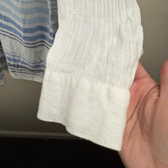 J. JILL Linen Blend Large White Blue Striped Pleated Tunic Top  Coastal Beach - Picture 6 of 12